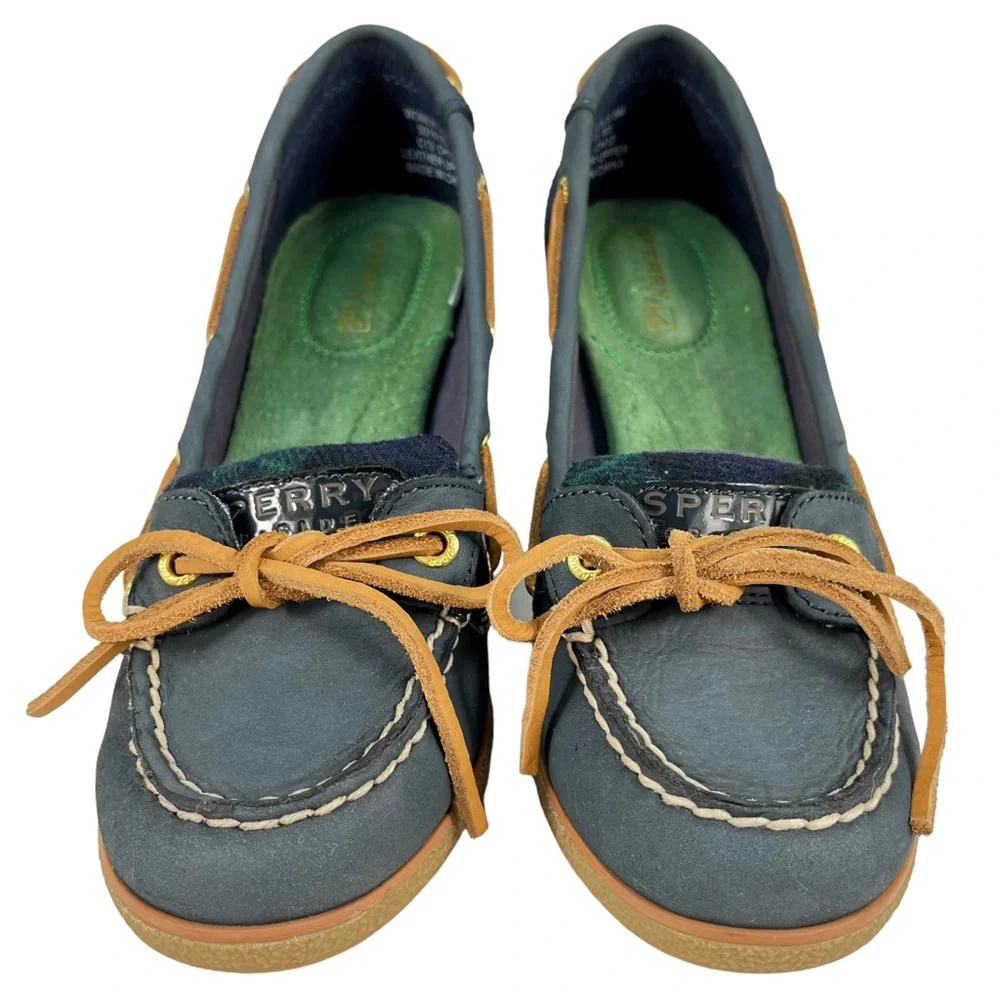 Sperry Top-Sider | Goldfish Navy & Green Plaid Wedge Heels Boat Shoes Women’s 6M